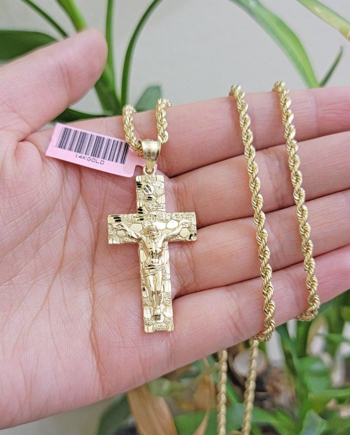 REAL 14k Gold Rope Chain Necklace Nugget Cross Charm Pendant SET 3mm 18 - 26 Inch - GoldenlinQ